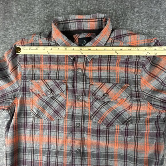 Prana Asylum Flannel Jacket Men's L Thermal Lined Snap Button Orange Gray Hiking - Picture 8 of 13